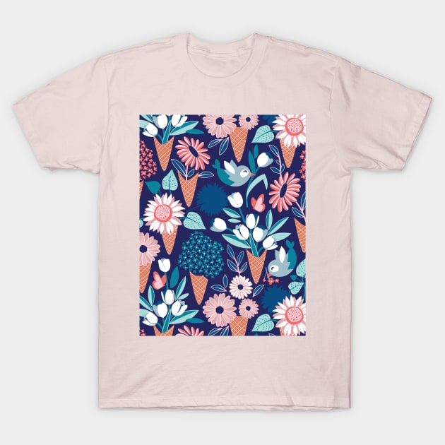 Midsummer I scream flower cones // pattern // navy blue background pink coral and aqua and teal flowers bouquets T-Shirt by SelmaCardoso